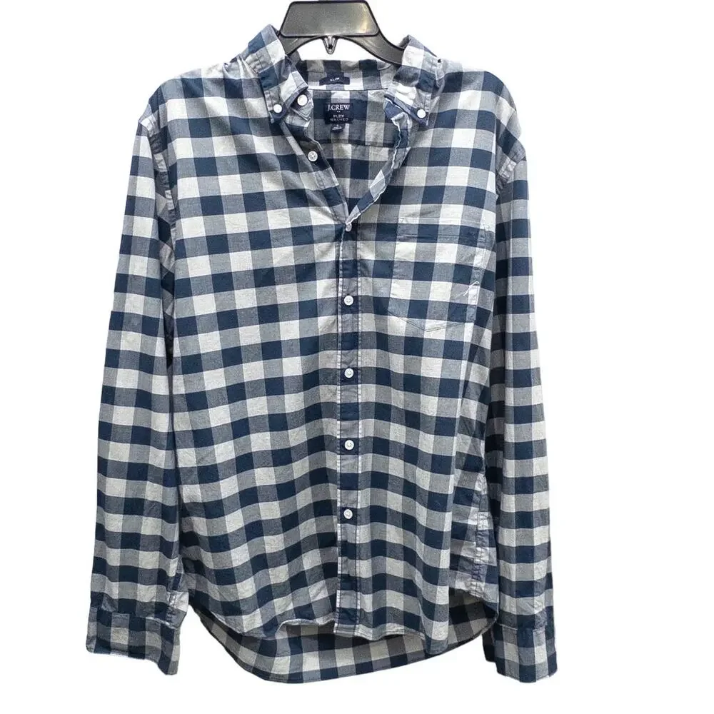 J. Crew Mens Slim Flex Washed Cotton Button Down Shirt Blue Plaid Large